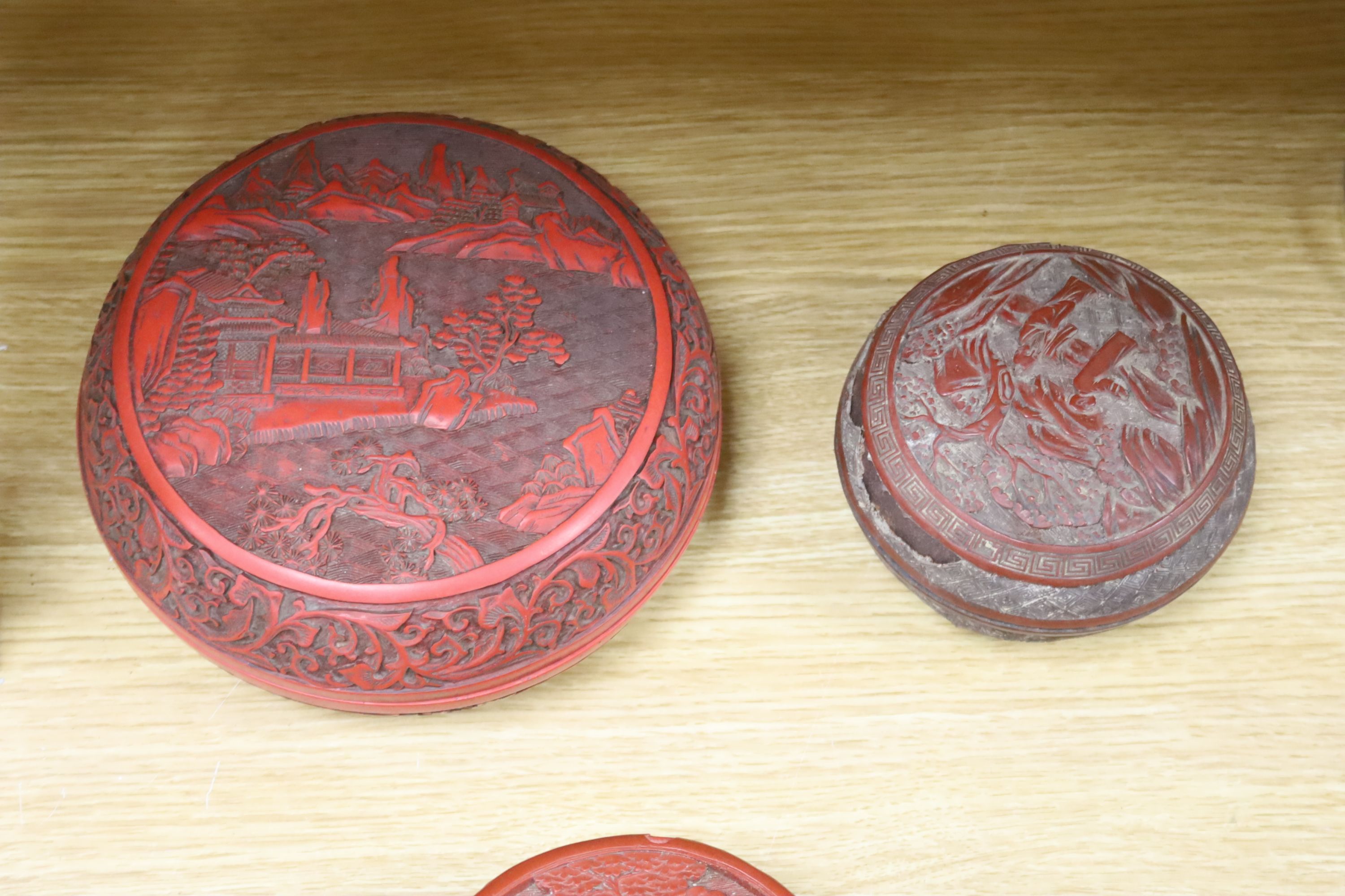 A group of Chinese cinabar lacquer and simulated lacquer boxes etc